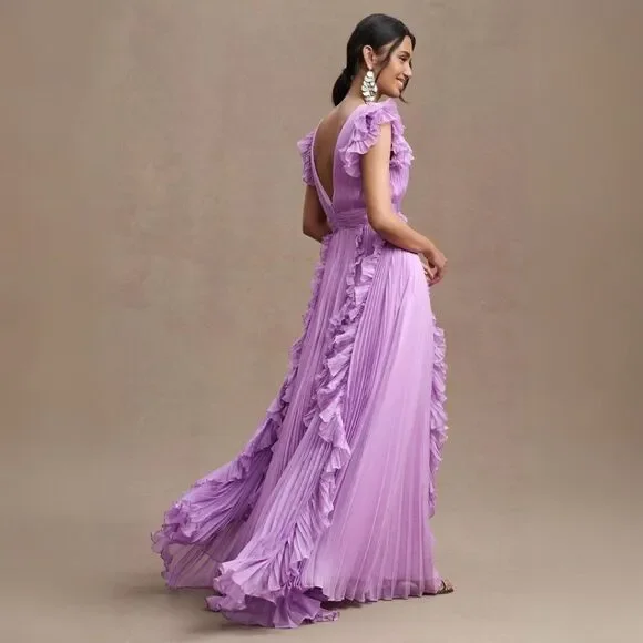 NWT Mac Duggal 49539 Size 20 Lilac Purple Pleated Ruffled V-Neck Maxi Gown Dress - Picture 3 of 4